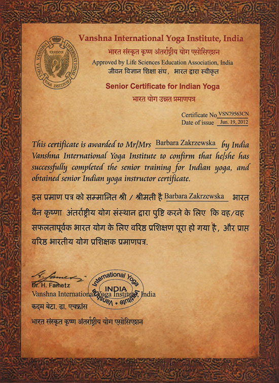 Senior Certificate for Indian Yoga - Barbara Zakrzewska